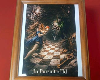 Alice in Wonderland "In Pursuit of Id" Reinterpreted Series. Surreal Art Print in 8x10" Vintage Frame. Dark Existentialist. Hedonism.