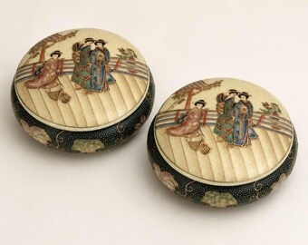 Pair Royal Satsuma Hand Painted Moriage Beaded Gold Accent 8” Covered Bowls w/ L