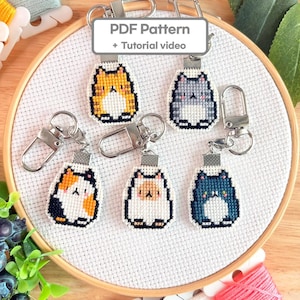 Sitting Cats Cross Stitch Pattern Bundle: Double-Sided Keychain Charm (PDF Pattern)