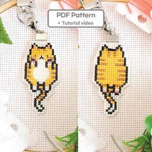 Jumping Orange Cat Cross Stitch Keychain Pattern(PDF) : Double-Sided