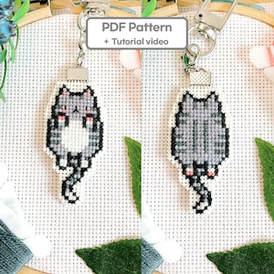 Jumping Tabby Cat Cross Stitch Keychain Pattern: Double-Sided (PDF Download