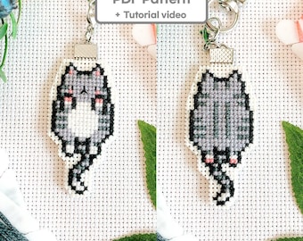 Jumping Tabby Cat Cross Stitch Pattern: Double-Sided Keychain (PDF Download