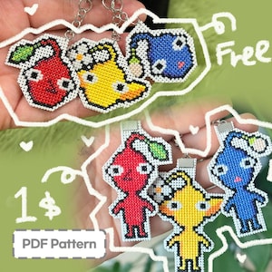 May include: Three cross-stitch keychain patterns featuring characters from the video game series 'Earthbound'. The characters are a red, a yellow, and a blue creature. The patterns are available for $1 each or free as a PDF download.