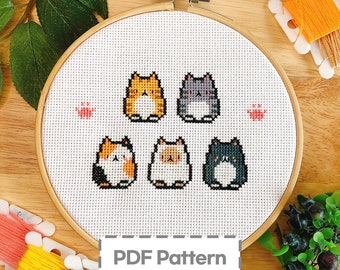 Five Cats Cross Stitch Pattern: Kawaii Sampler (PDF Pattern)