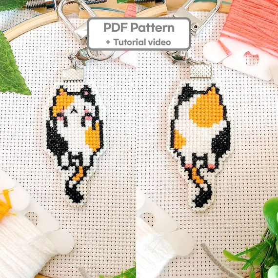 Jumping Calico Cat Cross Stitch Pattern: Double-sided Keychain