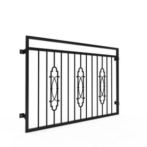 May include: Black metal balcony railing with decorative scrollwork. The railing has a simple, modern design with three vertical panels featuring a repeating pattern.