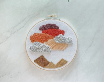 Embroidered Cotton Candy Skies, Finished Embroidery, Embroidered Sunset Mountain
