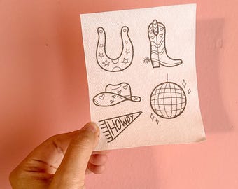Disco Cowgirl BUNDLE Water-Soluble Printed Template, Western Icons, Embroidery Supplies
