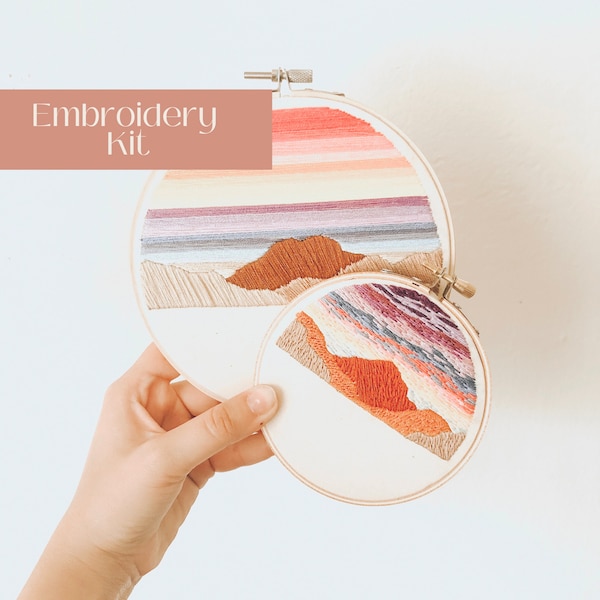 DIY Beginner Embroidery Kit,  Minimalist Retro Sunset Craft Embroidery Kit, Modern Embroidery Wall Art