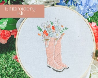 DIY Floral Coquette Embroidery Kit Intermediate,  Floral Garden Boot Embroidery Kit, Minimalist, Modern Embroidery Kit, Craft Kit for Adults