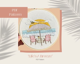 Beach Sunset Embroidery Pattern, Summer Breeze Intermediate Embroidery, PDF Digital Download