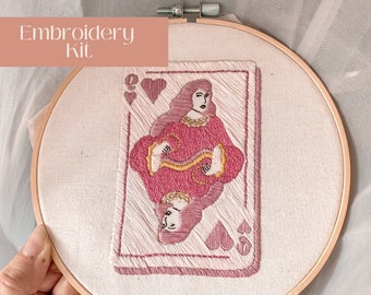 Coquette Pink Queen of Hearts Embroidery Kit, Pink Playing Cards, Coquette Valentines Inspired, Intermediate Embroidery Kit