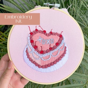 DIY Coquette Pink Cake Hand Embroidery Kit, Valentines Day Slice of Love, Valentines Inspired, Intermediate Embroidery Kit