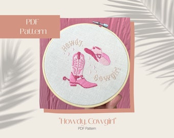 Howdy, Cowgirl PDF 6" Embroidery Template | Pink Retro Cowgirl | PDF Digital Download