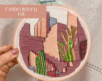 Pink Architecture Intermediate Embroidery Kit,  Minimalist Embroidery Kit, Muralla Roja Spain