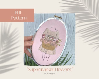 Floral Coquette Embroidery Pattern, Intermediate Embroidery, Supermarket Flowers, PDF Digital Download