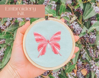 DIY Beginner Embroidery Kit, Mothers Day Spring Pink Butterfly, Modern Embroidery Wall Decor