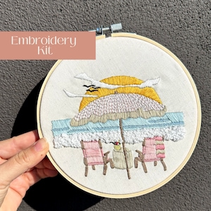 DIY Intermediate Embroidery Kit,  Summer Breeze Beach Craft Embroidery Kit, Modern Embroidery Wall Art