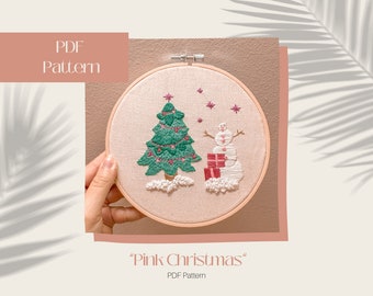 Pink Holiday Christmas Embroidery Pattern, Beginner Embroidery, PDF Digital Download