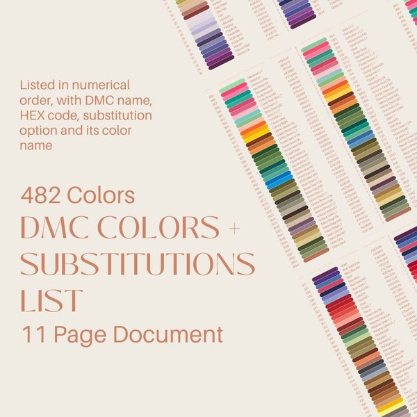 DMC Color Chart and Substitutions List, Hand Embroidery, Beginner Embroidery Tool, DMC Thread List