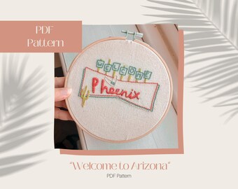 Welcome to Arizona Vintage Sign State Embroidery Hoop, Desert Landscape Embroidery, PDF Digital Download