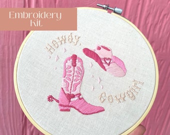 Howdy Cowgirl DIY Beginner Embroidery Kit,  Minimalist Pink Cowgirl Craft Embroidery Kit, Modern Embroidery Wall Art