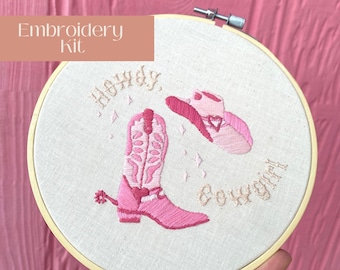 Howdy Cowgirl DIY Beginner Embroidery Kit,  Minimalist Pink Cowgirl Craft Embroidery Kit, Modern Embroidery Wall Art