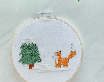Embroidered Feelin' Foxy, Finished Embroidery, Embroidered Fox in Snow