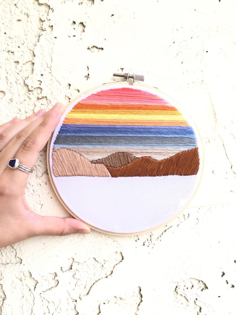 Sunset in Arizona Embroidered Hoop, Embroidered Sunset, Desert Embroidery, Finished Embroidery 6 inches