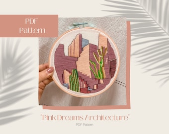 Midcentury Modern Embroidery, Coquette Pink Dreams Architecture, PDF Digital Download, Pink Building and Cactus Embroidery