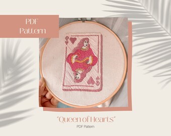 Pink Coquette Queen of Hearts Embroidery Pattern, Intermediate Embroidery, Pink Playing Cards, PDF Digital Download