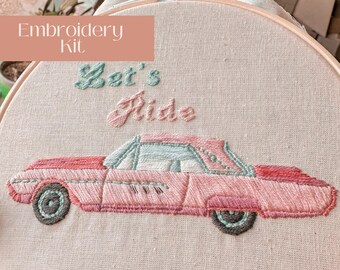 DIY Beginner Let's Ride Embroidery Kit,  Minimalist Retro Pink Car Craft Embroidery Kit, Modern Embroidery Wall Art