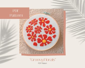Retro Floral Aesthetic Beginner Embroidery Pattern, Groovy Florals, PDF Digital Download
