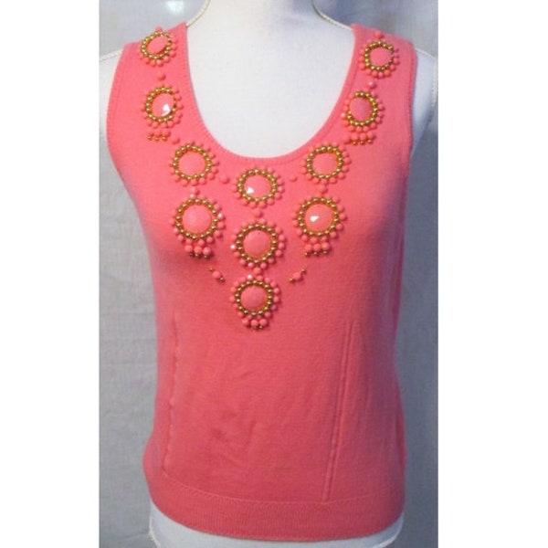 Milly of New York Hot Pink Beaded Vintage Pull Over Preppy Prep Southern Sunflower Sunshine Sun Sweater Vest