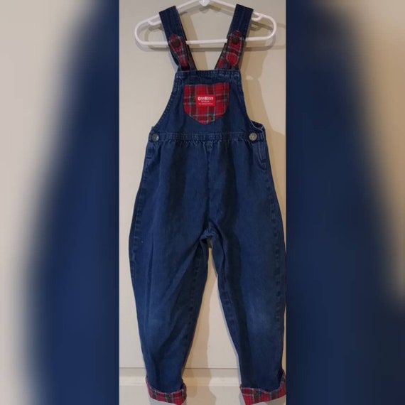 Vintage Oshkosh Girls Denim Overalls with Plaid S… - image 1