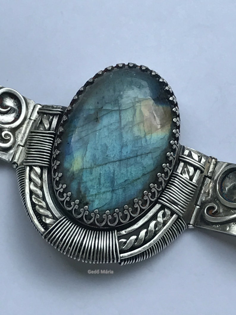 Handmade scroll wire sterling silver cuff bracelet with blue labradorite