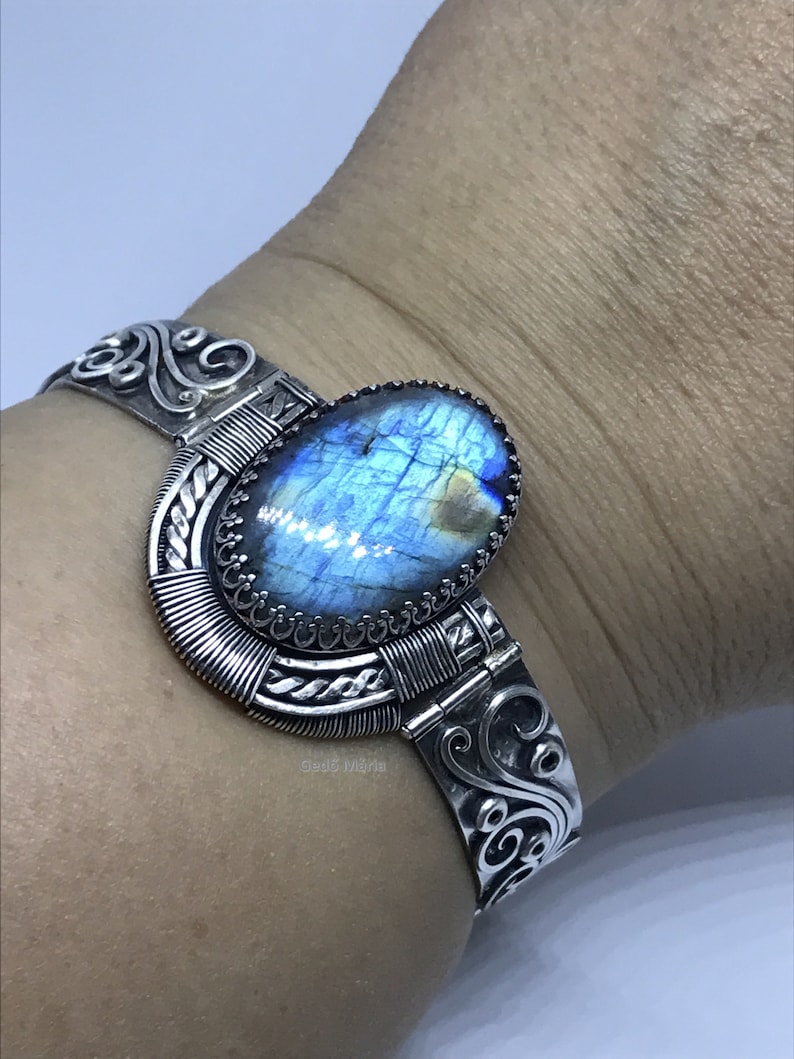 Handmade scroll wire sterling silver cuff bracelet with blue labradorite