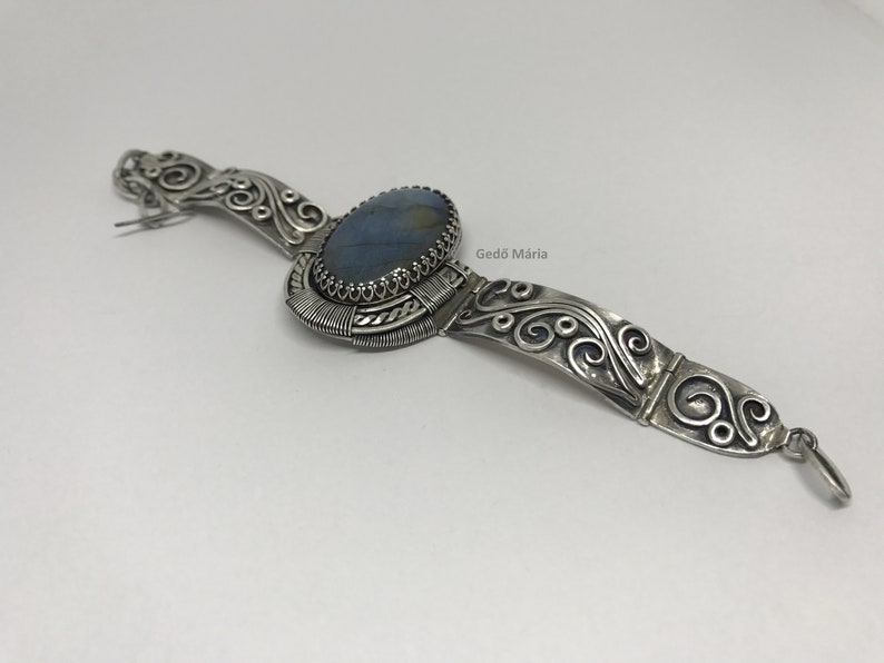 Handmade scroll wire sterling silver cuff bracelet with blue labradorite