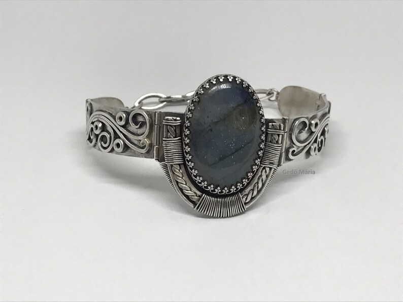 Handmade scroll wire sterling silver cuff bracelet with blue labradorite