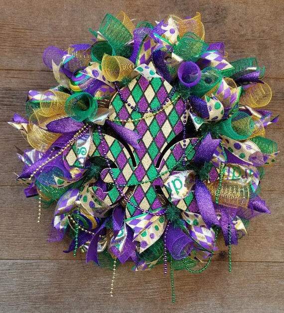 Mardi Gras Wreath Fleur De Lis Wreath Mardi Gras Decor Fleur Etsy
