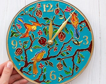 Wall clock unique | Stain glass clock, decorative wall clock stain glass, pomegranate stained glass, flower wall clock, wall clock small
