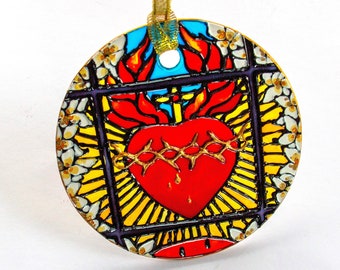 Stain glass suncatcher heart painting christian, Sacred Heart of Jesus, religious art gift Christian religious homedecor christian gift