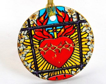 Stain glass suncatcher heart art Christian Christmas, Sacred Heart of Jesus, religious art gift Christian religious homedecor christian gift