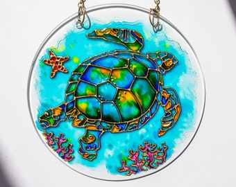 Turtle home decor, Turtle suncatcher, Stain glass turtle, sea decor, sea turtle gift, glass decor unique, Sea Glass art, ocean stain glass