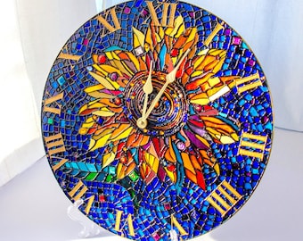 Yellow Sunflower Wall clock Christmas gift Stained glass decor bright round clock Hand Painted clock Sunflower decor wall, Flowers mosaic