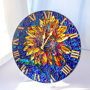 Yellow sunflower Wall clock Stained glass room decor Big bright round clock Hand Painted table clock Sunflower decor wall, Flowers mosaic image 1