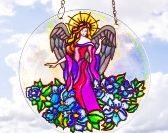 suncatcher stained glass angel | Christmas gift for parents, angel decor, glass decor unique, homedecor angel gift, new year gift for mother