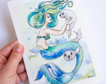 Mermaid art, Mermaid painting watercolor, Sea watercolor painting, Seal art watercolor, Watercolor gift for kid art, art for nursery