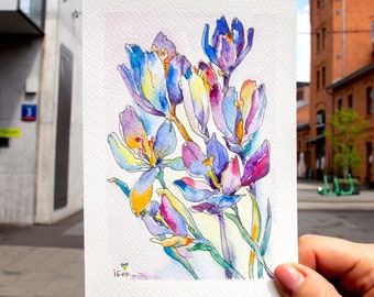 Watercolor flower postcard, Greeting card handmade watercolor, Flower small watercolor painting, Ukrainian artist, with love from Ukraine