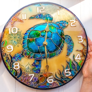 Stain glass wall clock decorative wall clock, sea turtle gift, wall clock unique, Sea Glass art, ocean stained glass, large wall clock image 1